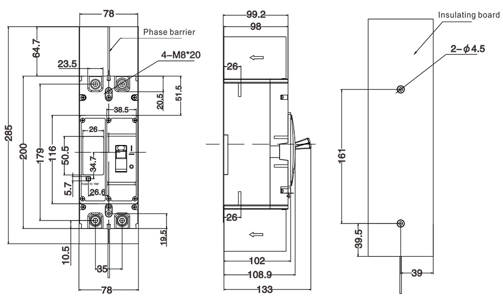 ATDM5DC-250 Mounting dimension of front connection(2P)