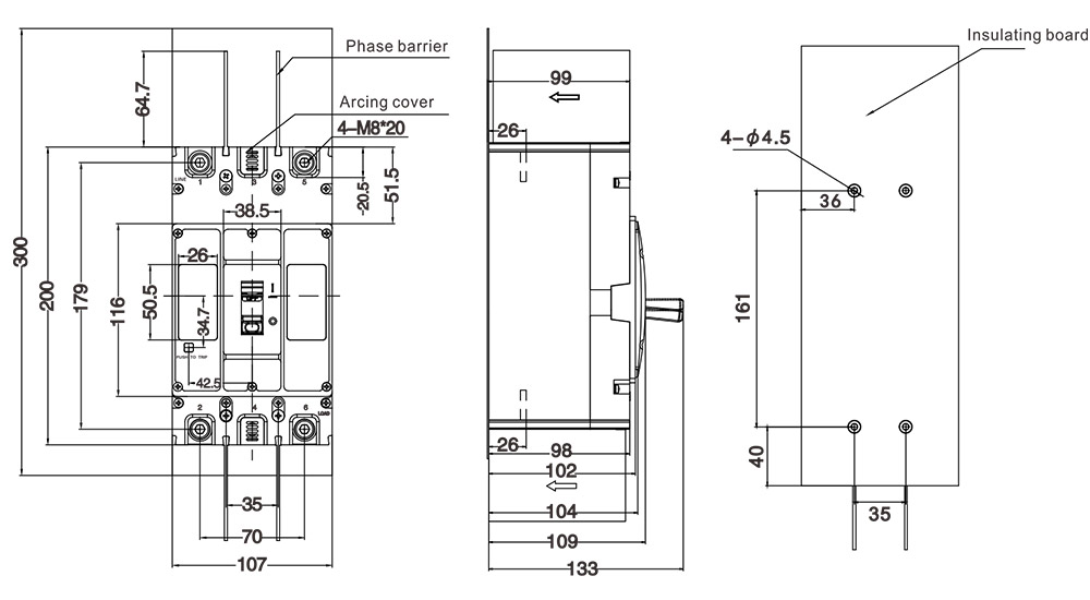 ATDM5DC-250 Mounting dimension of front connection(3P)